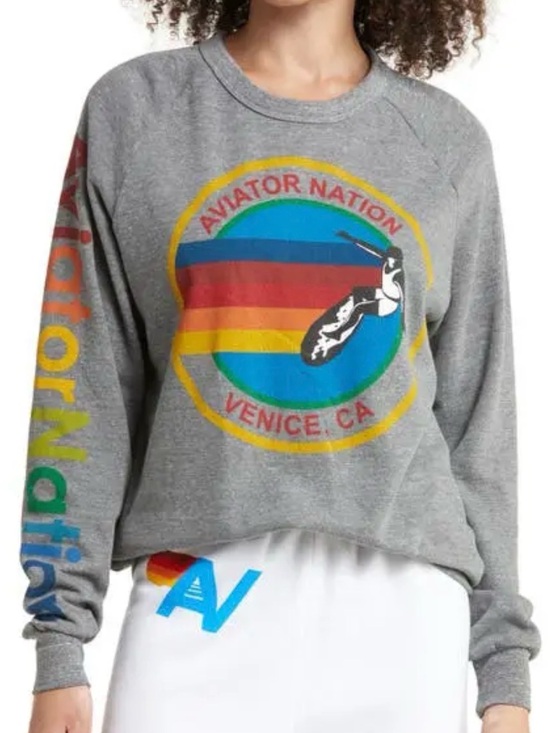 Aviator Nation Sweaters - Aviator Nation Gray Crewneck Sweatshirt with Rainbow Circle Logo